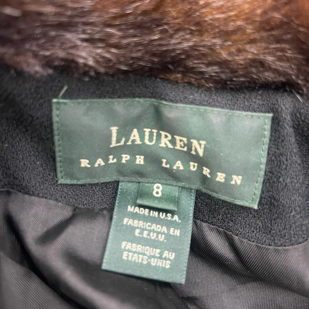 Lauren Ralph Lauren Navy Pea Coat with Brown Faux Fur Collar - Picture 2 of 5